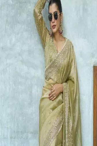 Pista embroidered banarasi silk saree