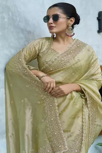 Pista embroidered banarasi silk saree