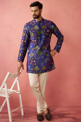 Blue Digital Print Kurta - Floral Tropical Design Ethnic Wear