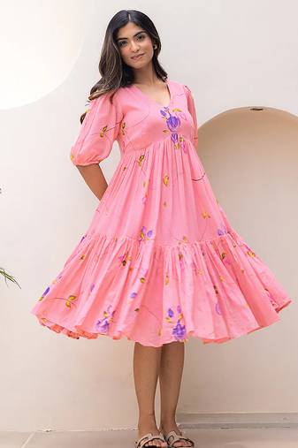 Rose pink digital print full round flair kota checks kurti