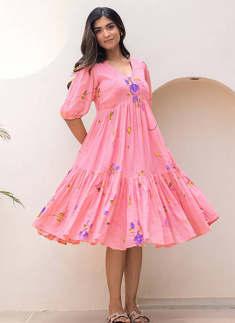 Rose pink digital print full round flair kota checks kurti