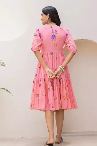 Rose pink digital print full round flair kota checks kurti