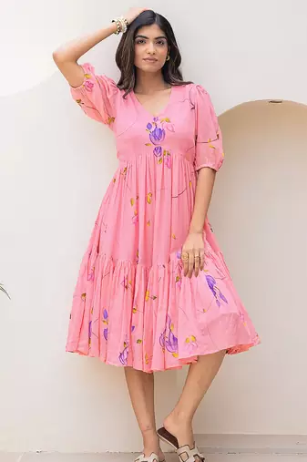 Rose pink digital print full round flair kota checks kurti