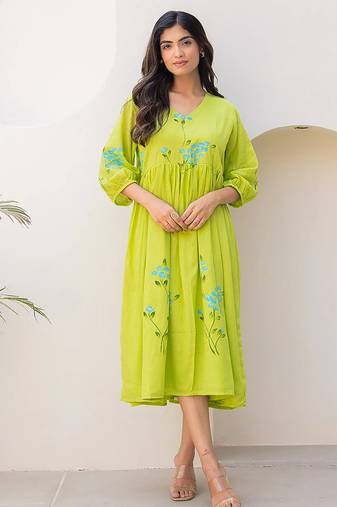 Lemon green digital print full round flair kota checks kurti