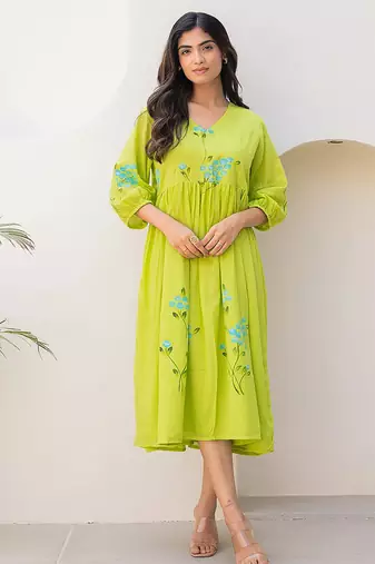 Lemon green digital print full round flair kota checks kurti