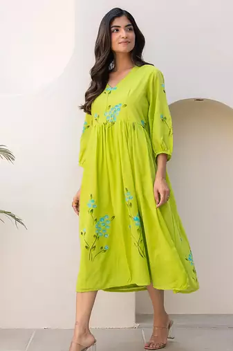 Lemon green digital print full round flair kota checks kurti