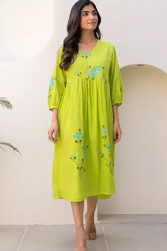Lemon green digital print full round flair kota checks kurti