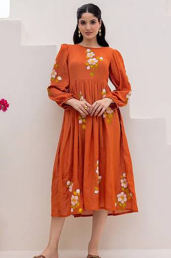 Rust orange digital print full round flair kota checks kurti