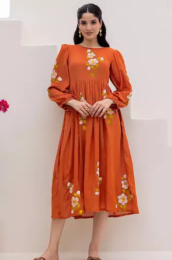 Rust orange digital print full round flair kota checks kurti