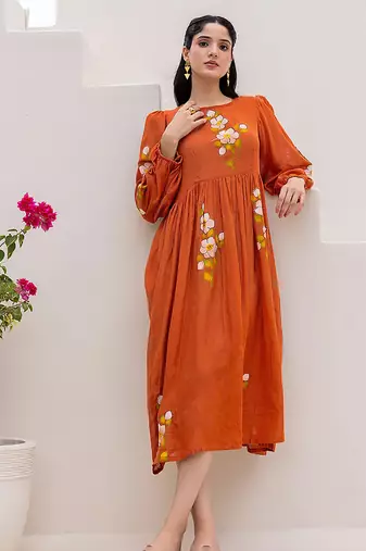 Rust orange digital print full round flair kota checks kurti