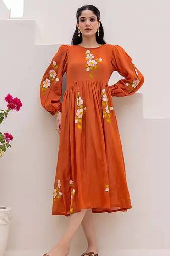 Rust orange digital print full round flair kota checks kurti