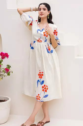 Off white digital print full round flair kota checks kurti