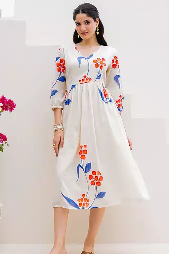 Off white digital print full round flair kota checks kurti