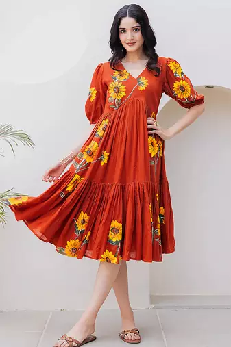 Rust orange digital print full round flair kota checks kurti