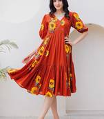 Rust orange digital print full round flair kota checks kurti