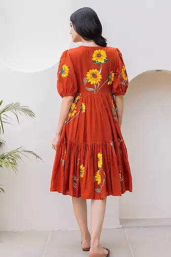 Rust orange digital print full round flair kota checks kurti