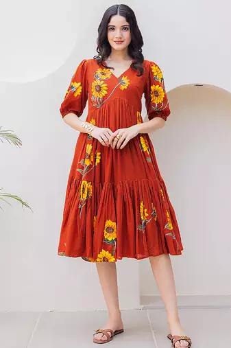 Rust orange digital print full round flair kota checks kurti