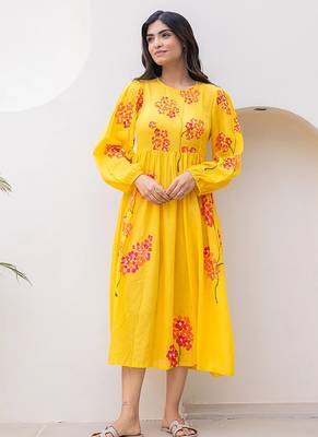 Yellow digital print full round flair kota checks kurti 1