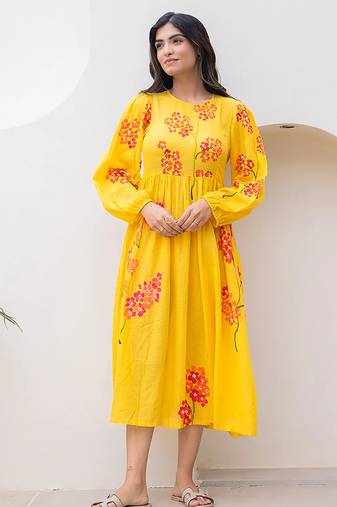 Yellow digital print full round flair kota checks kurti