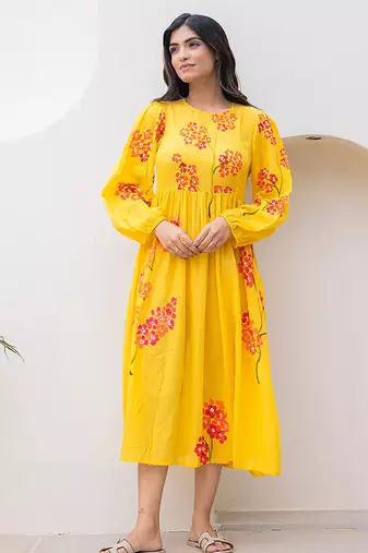 Yellow digital print full round flair kota checks kurti
