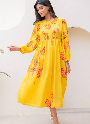 Yellow digital print full round flair kota checks kurti 2
