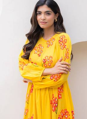 Yellow digital print full round flair kota checks kurti 3