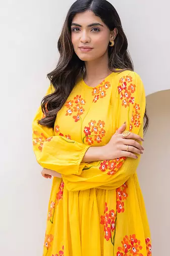 Yellow digital print full round flair kota checks kurti