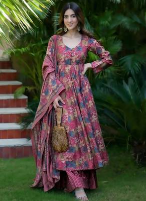 Dusty magenta heavy digital printed maslin anarkali palazzo style 1