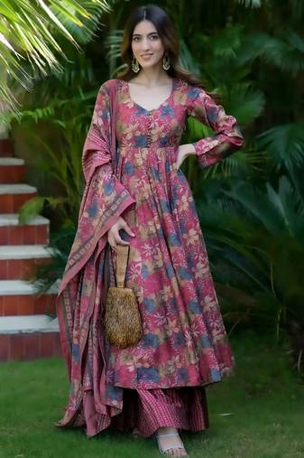 Dusty magenta heavy digital printed maslin anarkali palazzo style