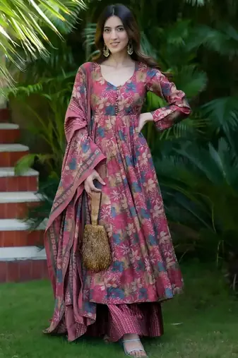 Dusty magenta heavy digital printed maslin anarkali palazzo style