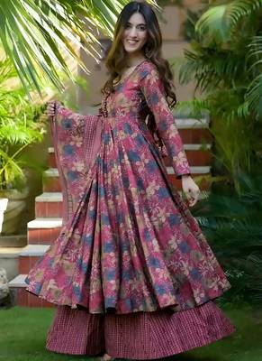 Dusty magenta heavy digital printed maslin anarkali palazzo style 2