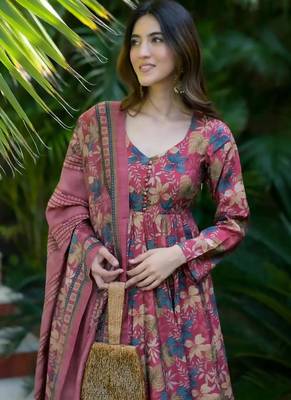 Dusty magenta heavy digital printed maslin anarkali palazzo style 4