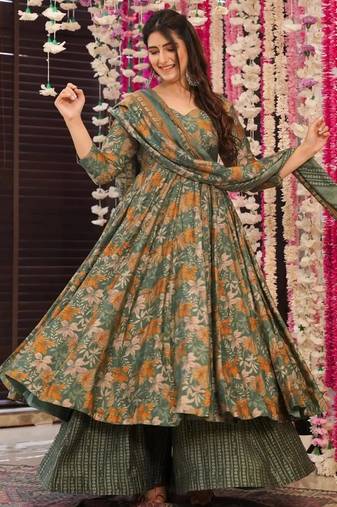 Dusty green heavy digital printed maslin anarkali palazzo style