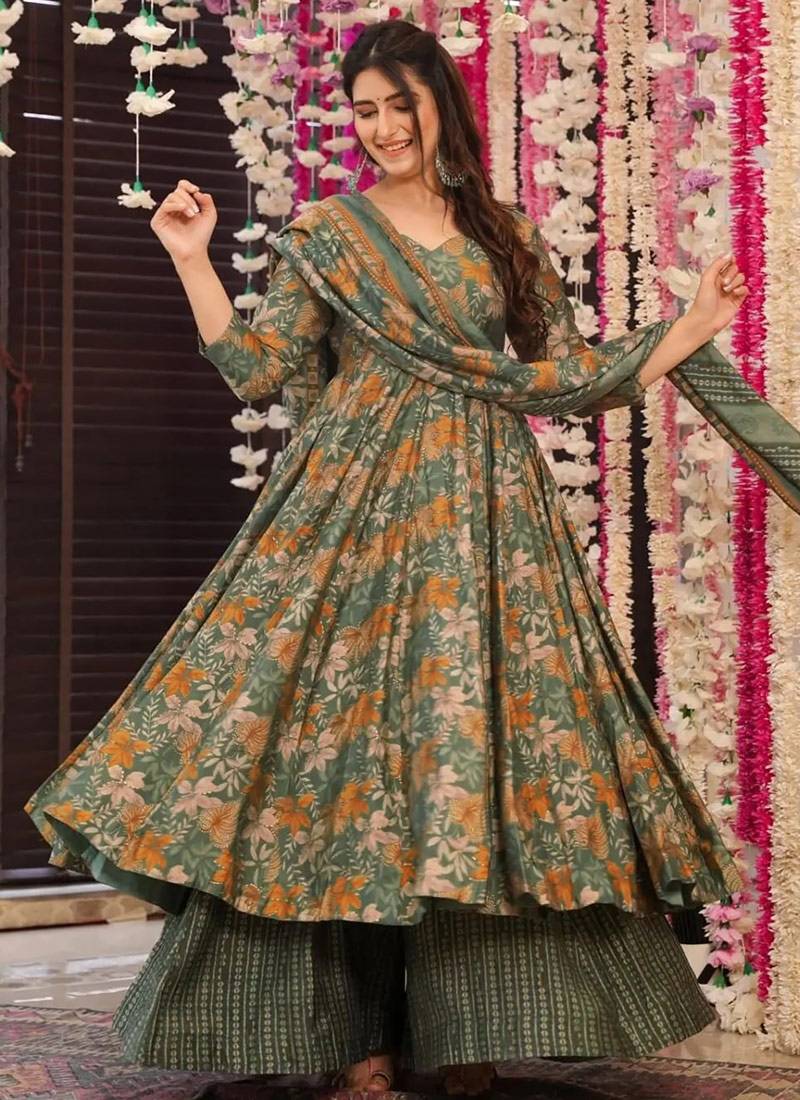 Dusty green heavy digital printed maslin anarkali palazzo style