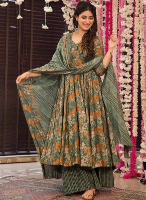Dusty green heavy digital printed maslin anarkali palazzo style 2