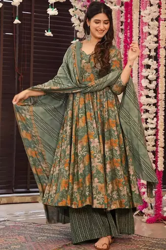 Dusty green heavy digital printed maslin anarkali palazzo style