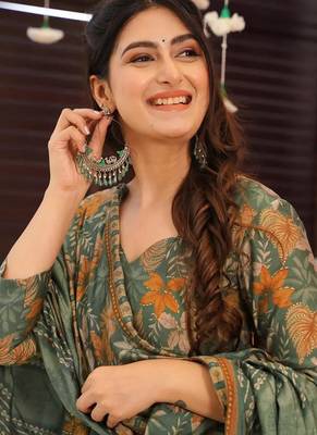 Dusty green heavy digital printed maslin anarkali palazzo style 3