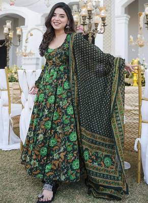 Drak green heavy digital printed maslin anarkali style 1