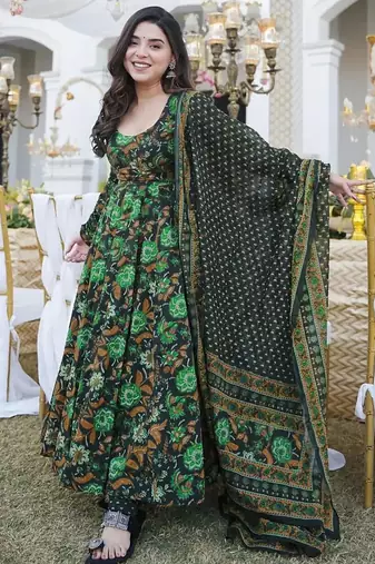 Drak green heavy digital printed maslin anarkali style