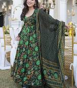Drak green heavy digital printed maslin anarkali style