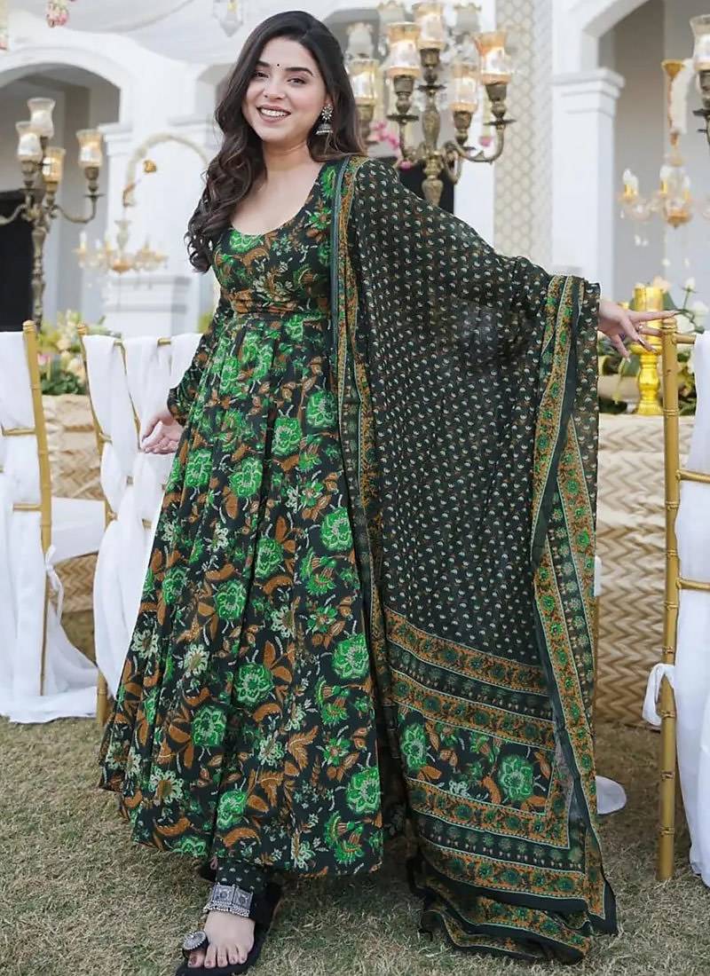 Drak green heavy digital printed maslin anarkali style