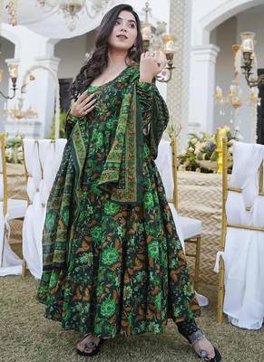 Drak green heavy digital printed maslin anarkali style 2