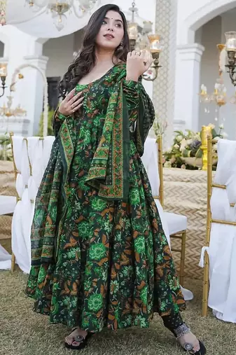 Drak green heavy digital printed maslin anarkali style