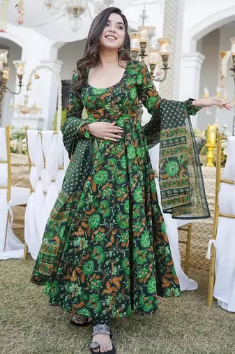 Drak green heavy digital printed maslin anarkali style
