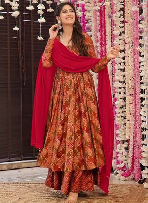 Orange heavy digital printed maslin anarkali palazzo style 1