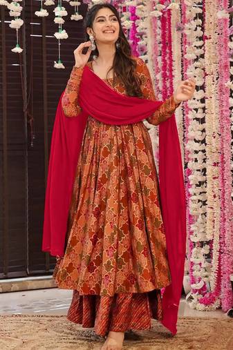 Orange heavy digital printed maslin anarkali palazzo style