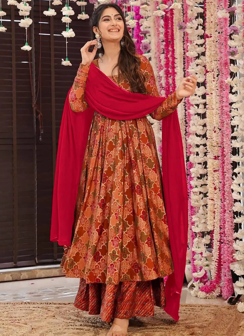 Orange heavy digital printed maslin anarkali palazzo style