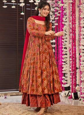 Orange heavy digital printed maslin anarkali palazzo style 2
