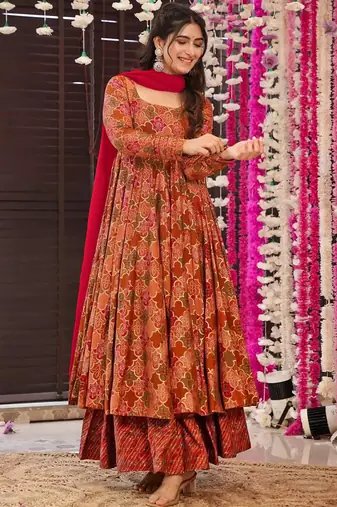 Orange heavy digital printed maslin anarkali palazzo style