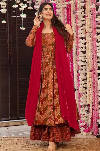 Orange heavy digital printed maslin anarkali palazzo style